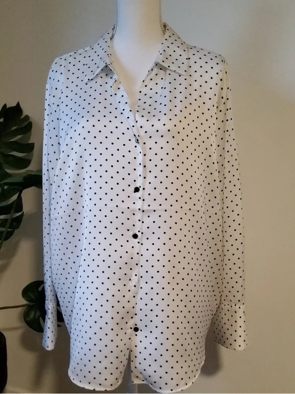 a new day White Button-Up Shirt with Black Polka Dots